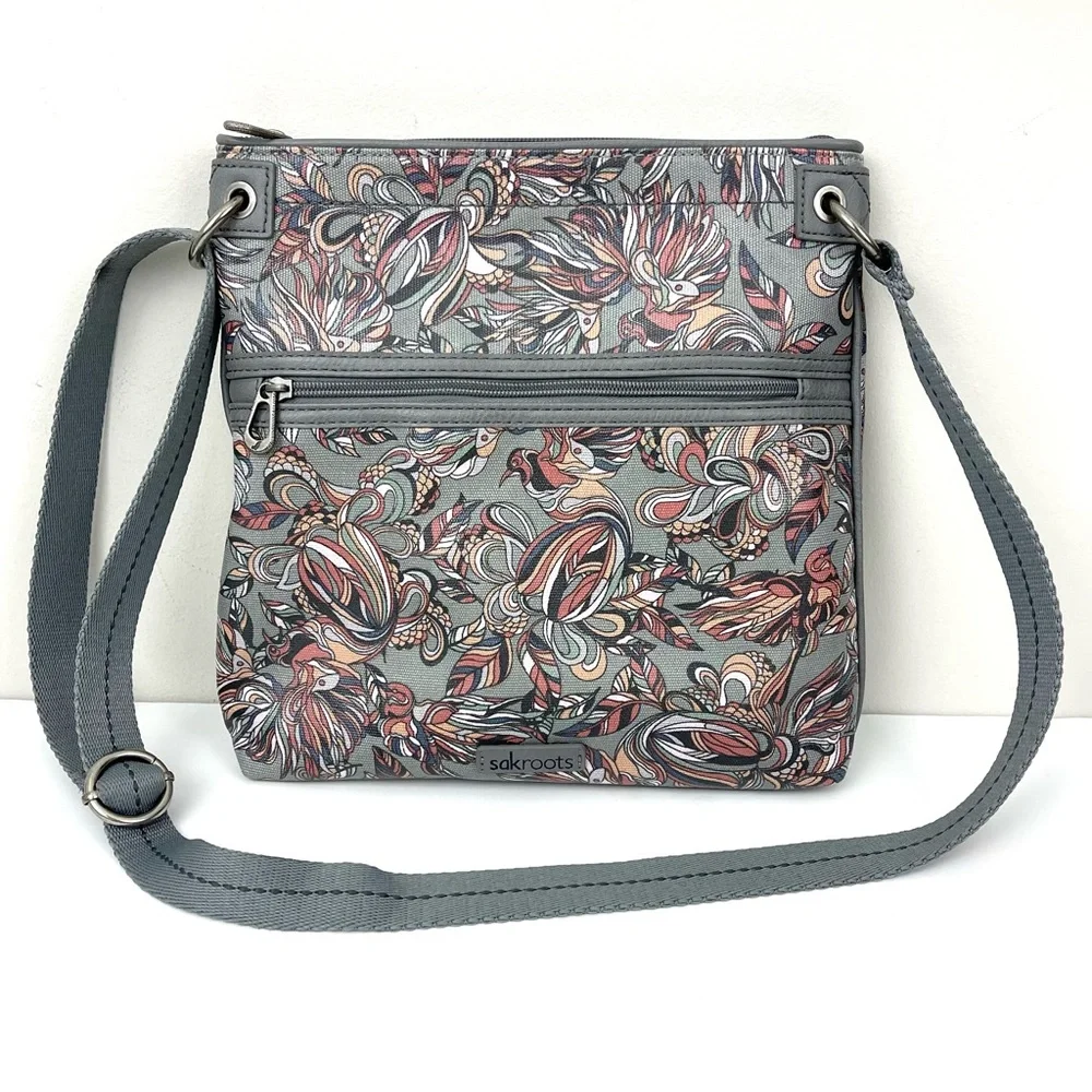 Sakroots Artist Circle Flat Crossbody Bag in Grey Treehouse